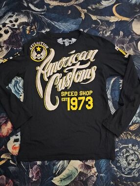 Affliction Black Long Sleeve "American Customs" Shirt with Yellow Accents